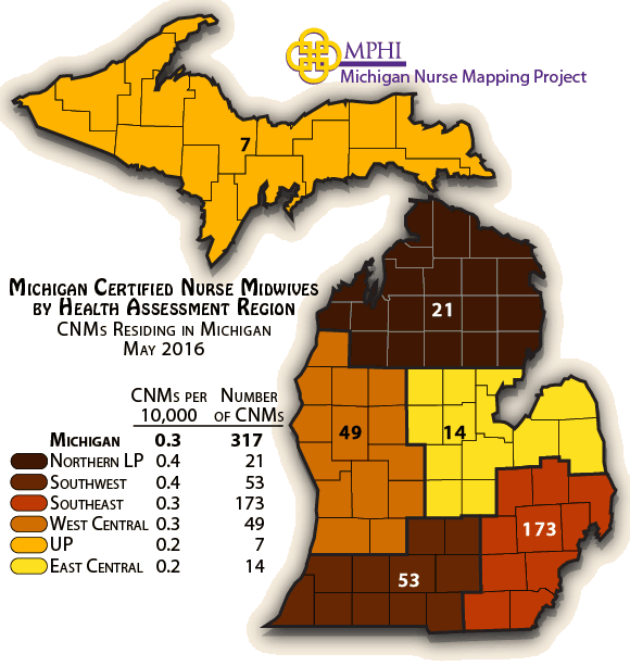 mmap depicts Michigan certified nurse midwives by health assessment regions in 2016